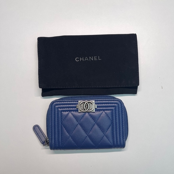 Chanel Lambskin leather Quilted Boy Zip Around Coin Purse Wallet Blue w/dust bag - Picture 1 of 16